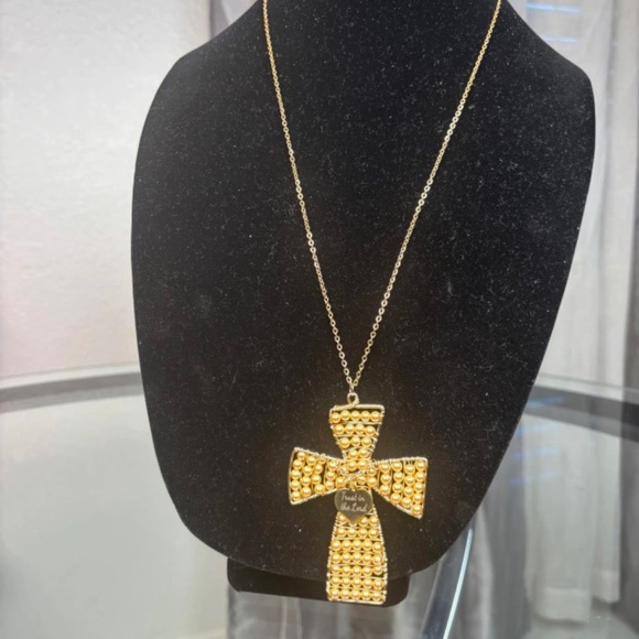 Handmade Swarovski Crystals Pearls Cross Long Necklace "Trust in the Lord" - Picture 2 of 3